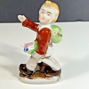 Vintage Occupied Japan Porcelain China Figurine Boy With Walking Stick Backpack
